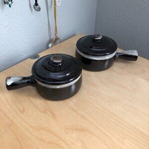 Vintage Drip Glaze French Onion Soup Stoneware Bowl with Lid & Handle - Lot of 2